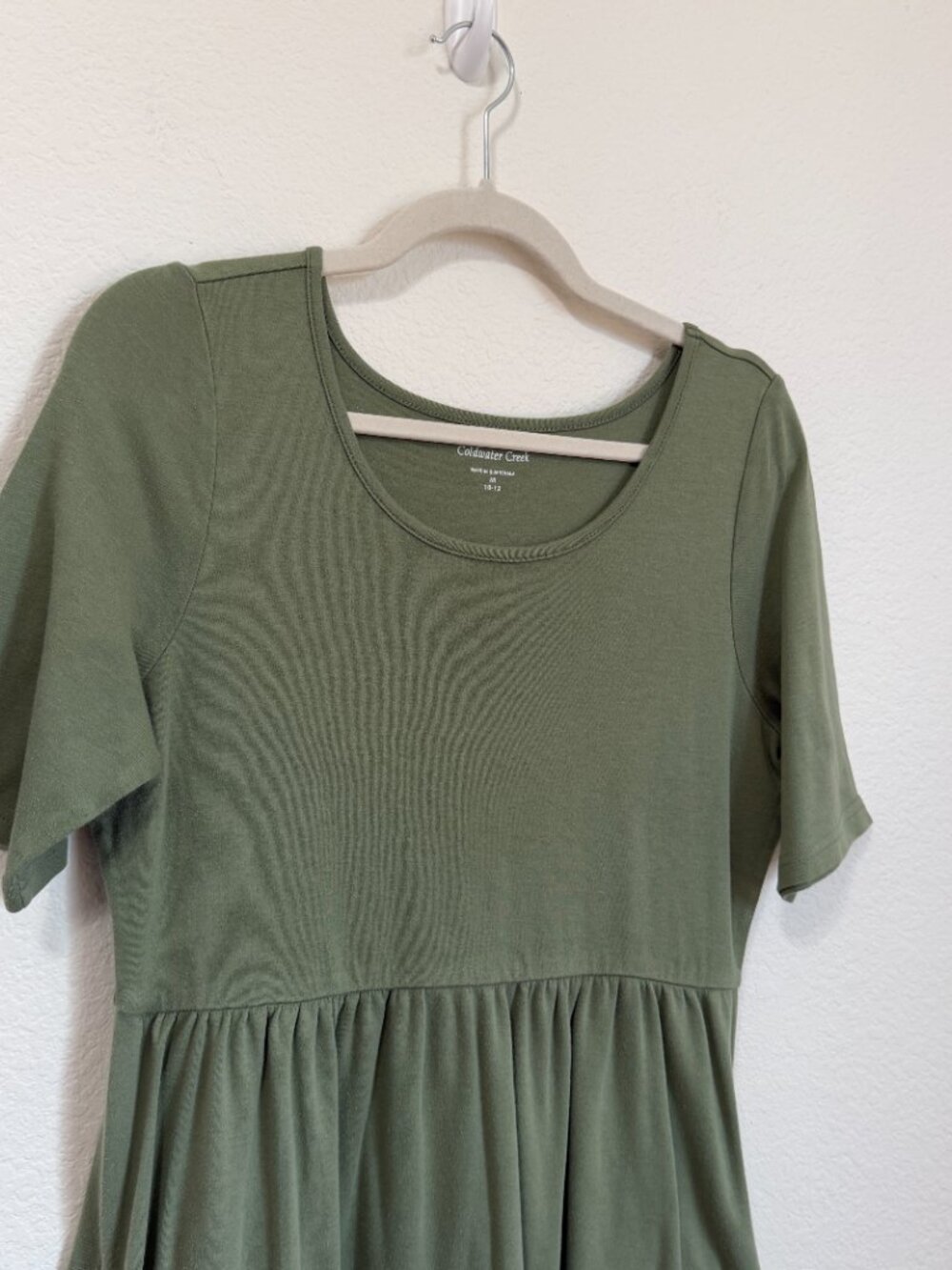Coldwater Creek Olive Green 100% Cotton Jersey Short Sleeve Midi Dress Pockets - Picture 3 of 9